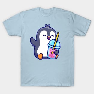 Cute Penguin Drinking Milk Tea Boba T-Shirt